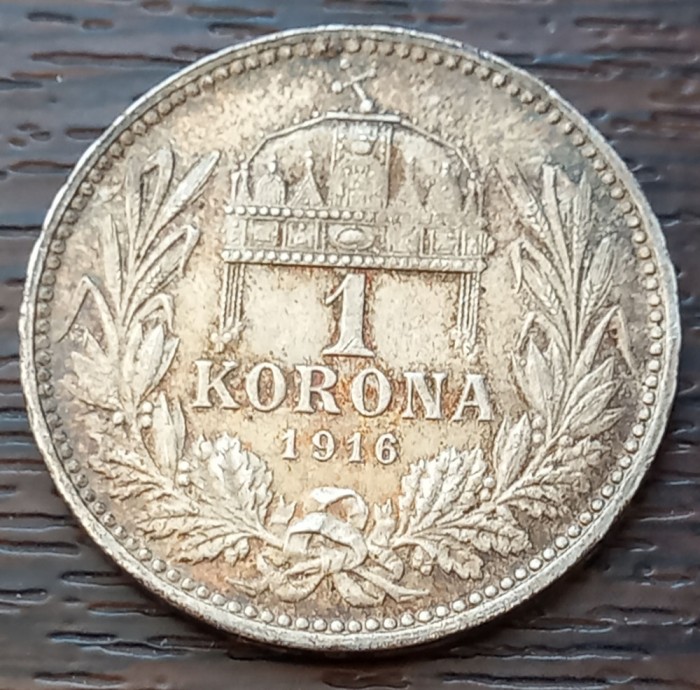 (A968) MONEDA ARGINT UNGARIA - 1 KORONA 1916, FRANZ JOSEPH, PATINA SUPERBA, MAI RARA
