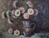 Cumpara ieftin Ion Doboşariu (1902-1999?)-Urcior cu crizanteme - pictură deosebită, Flori, Ulei, Impresionism