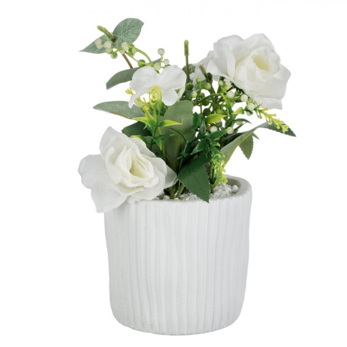 Ghiveci Ciment, Trandafiri Artificiali, Diametru 11cm, &Icirc;nălțime 21cm, Alb
