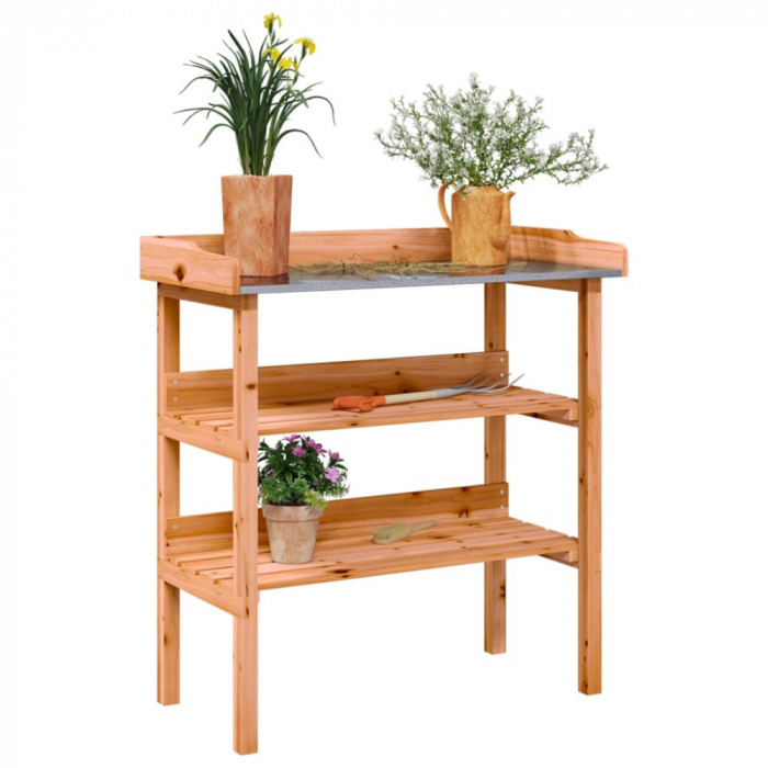 Gossi masa de plante cu raft, maro, 78x38x82,5 cm, lemn masiv de brad
