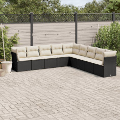 Set mobilier de gradina cu perne, 9 piese, negru, poliratan