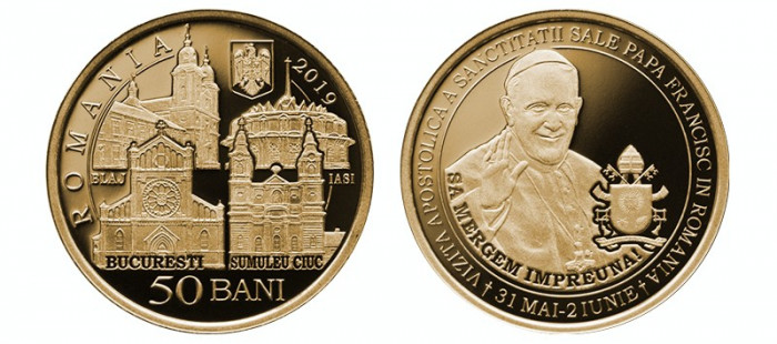 SV * BNR 50 BANI 2019 * Vizita Apostolică Papa Francisc in Romania * UNC din fasic