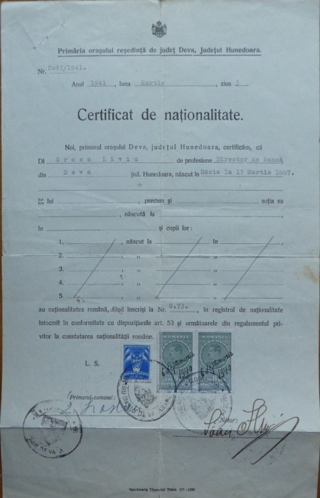 Certificat de nationalitate, Groza Liviu, fratele lui Petru Groza, 1941