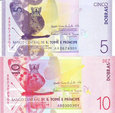Bancnota Sao Tome si Principe 5 si 10 Dobras 2020 - (ultimele 3 cifre identice) foto
