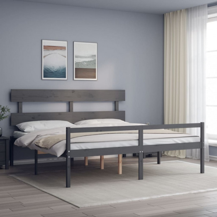 vidaXL Cadru de pat senior cu tăblie, gri, Super King Size, lemn masiv