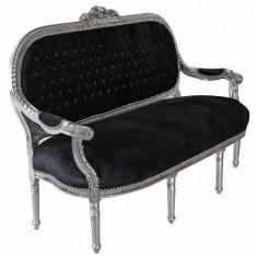 Sofa Madame Pompadour din lemn masiv argintiu cu tapiterie neagra CAT362E02