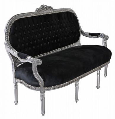 Sofa Madame Pompadour din lemn masiv argintiu cu tapiterie neagra CAT362E02 foto
