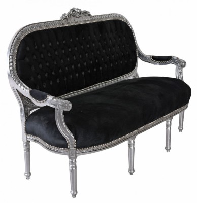 Sofa Madame Pompadour din lemn masiv argintiu cu tapiterie neagra CAT363E02 foto