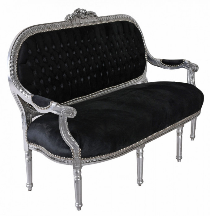 Sofa Madame Pompadour din lemn masiv argintiu cu tapiterie neagra CAT363E02