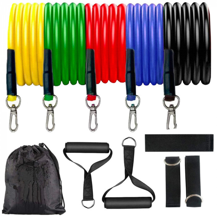 Set Fitness pentru antranament, cu 5 corzi elastice de culori diferite, cu manere si accesorii