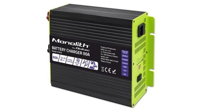 &Icirc;ncărcător Qoltec Smart Monolith pentru baterii LiFePO4 AGM GEL SLA | 80A | 12V | &Icirc;ncărcare rapidă