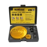 Set 12 carote circulare Crownman 127mm din otel carbon pentru rigips, lemn, PVC, 16 piese cu placa antrenare/blocare, cheie imbus hexagonala si 2