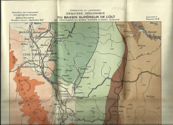 Harta / Litografie schita geologica a Bazinului Oltului Superior 1927- 32 /60 cm