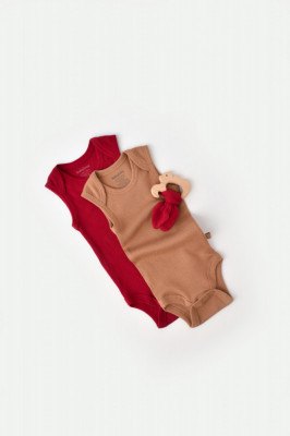 Set 2 body-uri fara maneci bebe unisex din bumbac organic si modal - Maro/Rosu, BabyCosy (Marime: 6-9 luni) foto