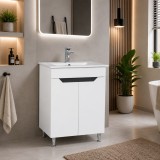 Baza si lavoar ceramic GN0561, mobilier baie stativ 60 cm, front MDF, 2 usi, 2 rafturi, picioare cromate reglabile, alb antracit
