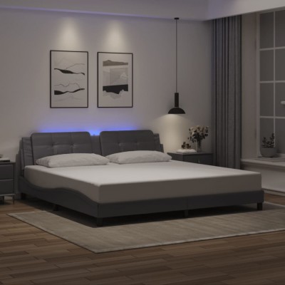 Cadru de pat cu lumini LED, gri, 200x200 cm, piele ecologică foto