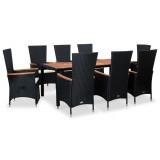 Set mobilier de exterior cu perne, 9 piese, negru, poliratan, vidaXL