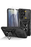 Husă pentru Samsung Galaxy S25 Ultra cu 2 folii de protecție pentru ecran, suport inelar 360&deg; și capac glisant pentru cameră