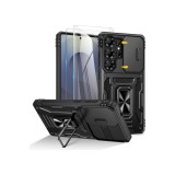 Husă pentru Samsung Galaxy S25 Ultra cu 2 folii de protecție pentru ecran, suport inelar 360&deg; și capac glisant pentru cameră