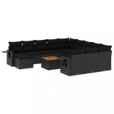 Set mobilier de gradina cu perne, 13 piese, negru, poliratan