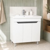 Baza si lavoar ceramic GN7561, mobilier baie stativ 80 cm, front MDF, 3 usi, 2 rafturi, picioare cromate reglabile, alb antracit