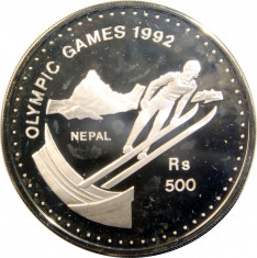 Nepal 500 Rupees 1991 - (Ski Jumping) Argint 31.47g/925, 38.61mm KM-1071 UNC !!! foto