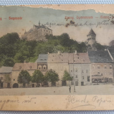 1910 CP Sighisoara, Gimnaziu, cu defecte, circulata Miercurea Sibiului txt verso