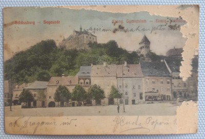 1910 CP Sighisoara, Gimnaziu, cu defecte, circulata Miercurea Sibiului txt verso foto