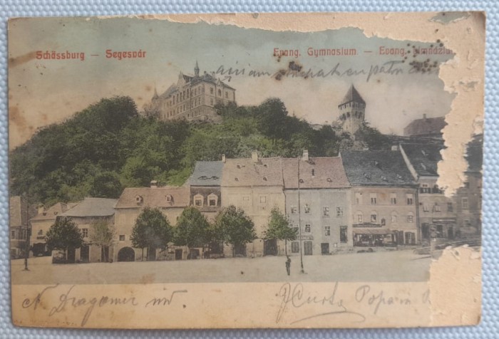 1910 CP Sighisoara, Gimnaziu, cu defecte, circulata Miercurea Sibiului txt verso