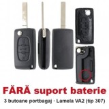 Set 2 bucati - Carcasa cheie briceag Topautochei&amp;#174; 3 butoane portbagaj, FARA suport baterie, lamela VA2, compatibila cu Peugeot 307 308 407 si Cit