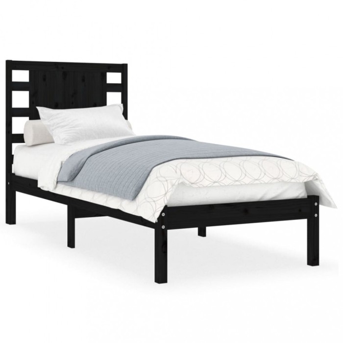 Cadru de pat mic single, negru, 75x190 cm, lemn masiv