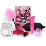 Set erotic AMOUR PACK Love Without Limits, cu stimulator, inel pentru penis vibrator, mască, cătușe, zaruri, pană pentru stimulare și petale, pentru c