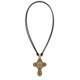 Cumpara ieftin Colier crestin auriu-crem 42 cm x 2, cruciulita 4,4 x 2,7 cm cu Isus gravat si Muntele Athos, lemn si metal auriu, snur textil reglabil