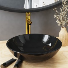 vidaXL Chiuvetă baie robinet și scurgere tip push, negru sticlă călită