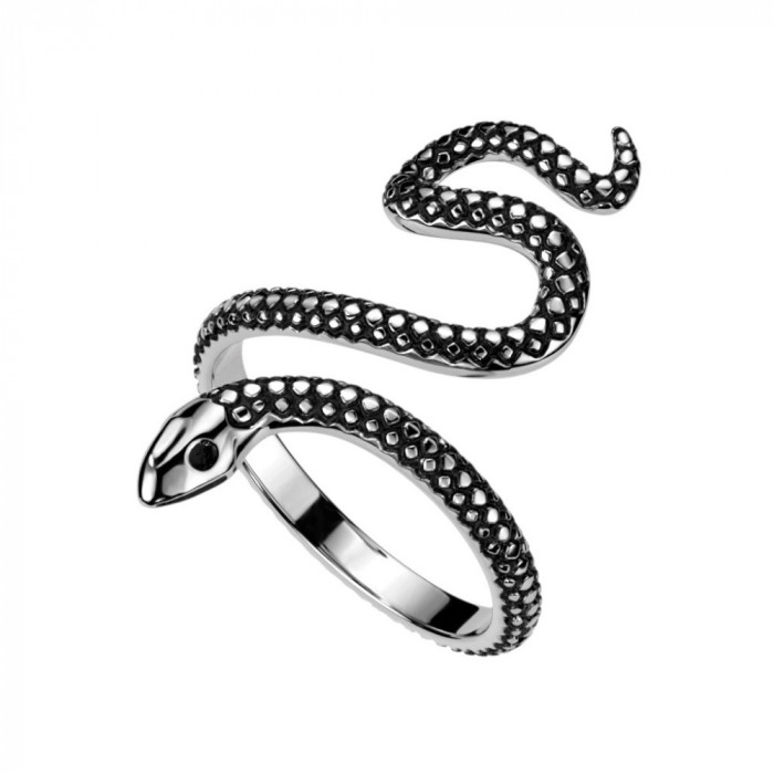 Inel deschis din oțel inoxidabil - motiv șarpe, culoare argintie cu patină - Marime inel: 65
