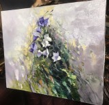 Tablou pictat in cutit, Pictura cu flori mov de camp, 60x49cm, Ulei, Abstract