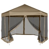 Foișor Pop-Up Hexagonal vidaXL, 3.6x3.1m, Taupe, Pereți Laterali, Pliabil, Impermeabil, Oțel