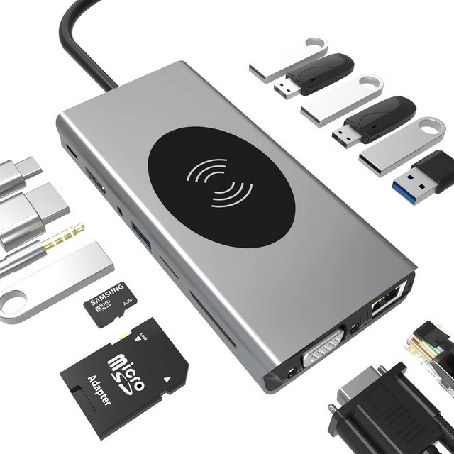 Statie de andocare USB C 15 in 1, HDMI, VGA, incarcator wirless, Gigabit Ethernet, 3 x usb 3.0, 4 x usb 2.0, cititor de carduri SD/TF, jack audio de 3