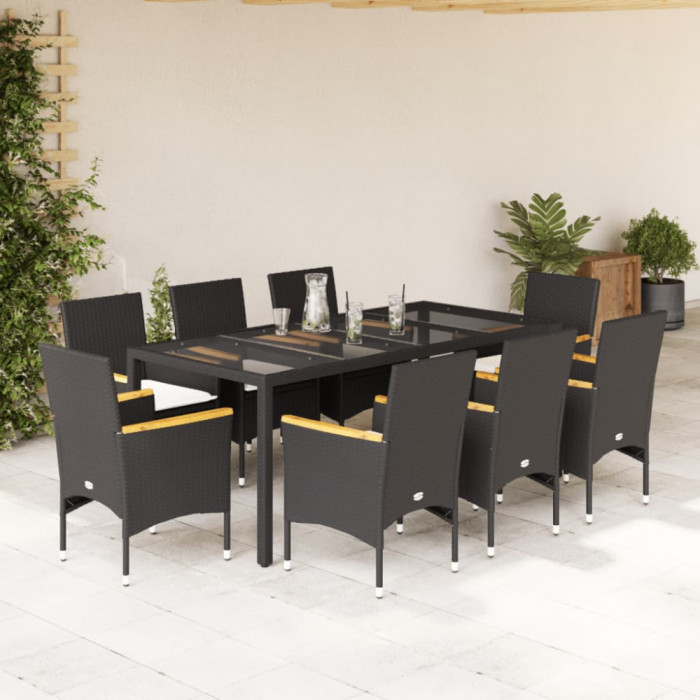 Set mobilier de gradina cu perne 9 piese negru poliratan&amp;sticla GartenMobel Dekor