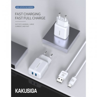 Incarcator Retea KAKUSIGA KSC - 373, 2,4A , 2xUSB + Cablu de incarcare Micro USB, Alb Blister foto