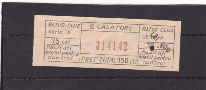 BILET DE CALATORIE AUTOBUZ RATUC CLUJ- NAPOCA 1991 DOUA CALATORII