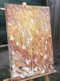 Cumpara ieftin Tablou impasto pictat manual, peisaj de toamnă cu arbori și frunze &icirc;n tonuri calde de auriu, 70x50cm acril pe panza, Kenny Varniote