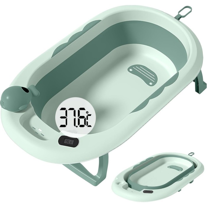Cada baie pliabila pentru copii 0-6 ani &acirc; cu termometru, perna suport, model balena, verde, 81.5 x 49 x 21.5 cm