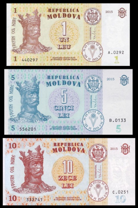 MOLDOVA █ SET █ 1 + 5 + 10 Lei █ 2015 █ P-21-B22-22 █ UNC █ necirculata