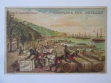 Rara! Carte publicitara franceza cromolitografie Rom Chauvet Macoumba-Portul St.Pierre Martinica-Compania Antilelor Franceze circa 1910