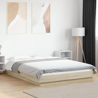 vidaXL Cadru de pat cu LED stejar sonoma 140x190 cm lemn prelucrat foto