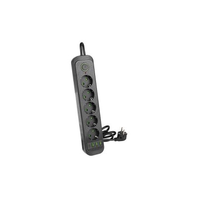Prelungitor 4 porturi USB, 5 prize schuko, cablu 2 metri, comutator ON/OFF, IP22, 2500W, negru foto
