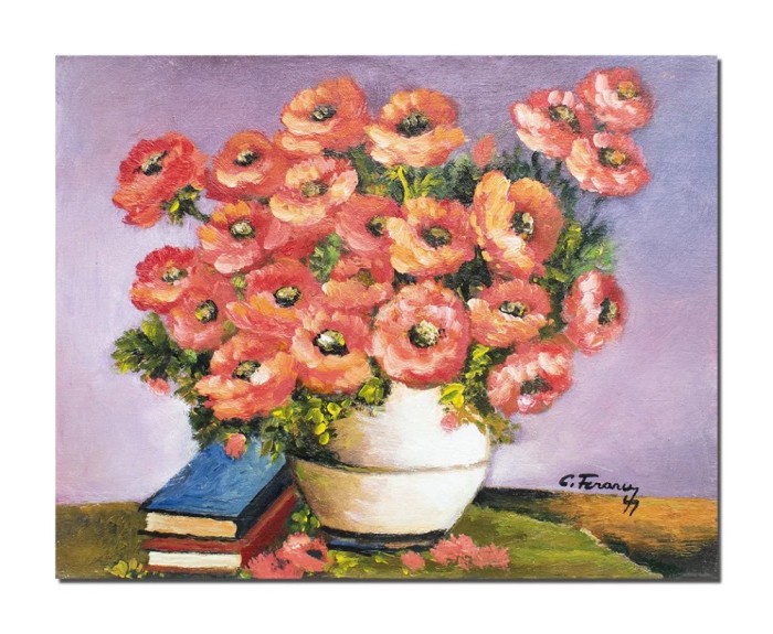 Tablou cu maci regali si carti, pictat manual 50x40cm ulei pe panza, Constantin Feraru