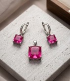 Cumpara ieftin Set din Argint 925 , zFuchsia Empress, , Pandantiv E i Cercei Drop cu Zirconii Solitare Taietura Emerald, 6.1g