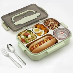 Caserola copii scoala cu 5 compartimente Koken, Cutie pentru pranz etansa, volum 1L, Lunchbox cu tacamuri, 25x30cm, Verde/Roz - Green